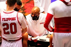 Former NIU Head Coach Mark Montgomery addresses the team during a timeout Jan. 2, during NIUs 68-42 loss to Bowling Green State University at the NIU Convocation Center in DeKalb. Montgomery was let go by NIU Athletics Jan.3