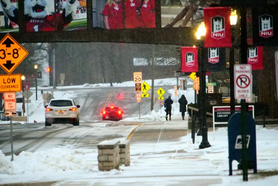Snow falls on Normal Road during a snow storm in Jan. 2021. The National Weather Service warns of a snow storm that could strike parts of Illinois and Indiana.