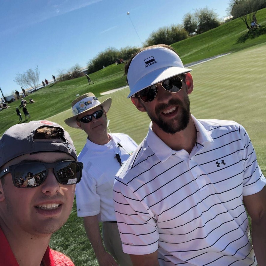 Following walking 18 holes with his group. Olympian Michael Phelps (right) takes a selfie with Northern Star Media journalist Wes Sanderson (left) Jan. 31, 2018, in Scottsdale, Arizona. Phelps and Sanderson were in the same group during the Annexus Pro-Am.