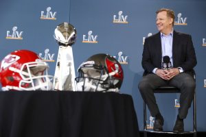 NFL football commissioner Roger Goodell speaks at a press conference ahead of Super Bowl 55, Thursday, Feb. 4, 2021, in Tampa, Florida.