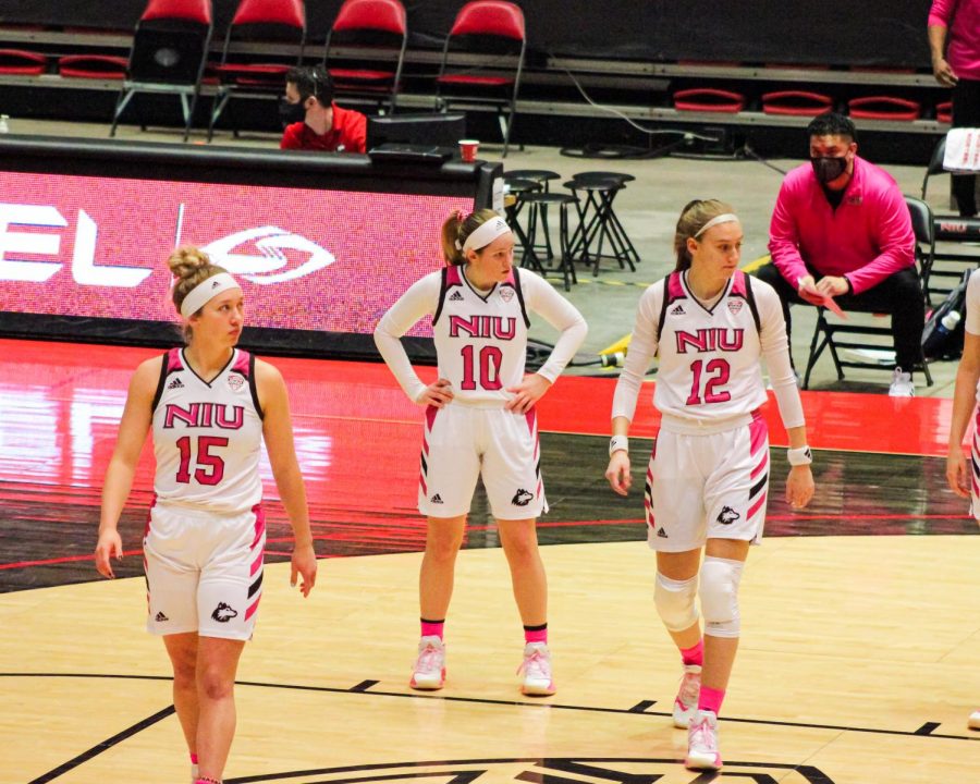 NIU sophomore guards Grace Hunter (left), Chelby Koker (center) and senior forward Riley Blackwell (right) would now be eligible to earn money from their name, image and likeness due to Illinois passage of the 