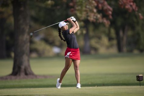 NIU sophmore Ahra Ko pipes driver Oct. 9. during an intra-squad round at Rich Harvest Farms in Sugar Grove, Illinois.