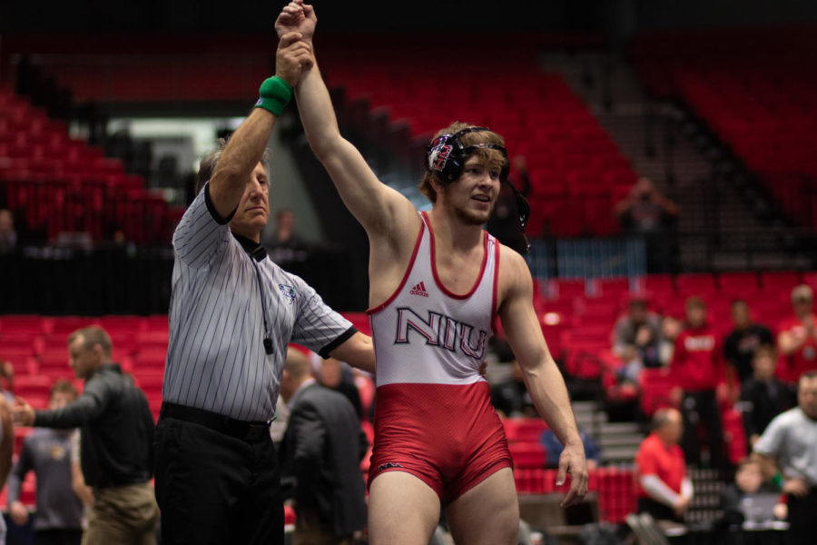 Then-redshirt+sophomore+Brit+Wilson+being+announced+the+2020+MAC+184-pound+Champion+March+8%2C+2020+after+his+win+in+the+2020+MAC+Championship+finals+at+the+NIU+Convocation+Center.