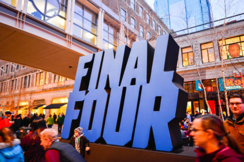 Minneapolis, MN, USA. 4/6/2019: Entertainment in Minneapolis, Minnesota for the NCAA Final Four Basketball Tournament on Nicollet Mall. Signage on the the street.