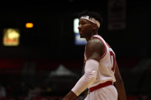 Former NIU point guard Eugene German waits for an inbound play March 6, 2020 during his final college game at the NIU Convocation Center in DeKalb. 