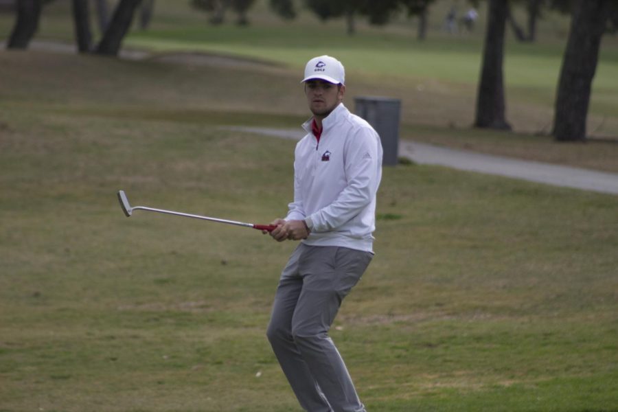 NIU junior Tommy Dunsire reacts to a putt lip-out Mar. 8 during the first round of the San Diego Classic at San Diego Country Club