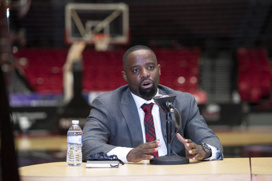 NIU Head Coach Rashon Burno speaks with the media following the announcement as the next head coach of Huskies mens basketball March 13 at the NIU Convocation Center. 