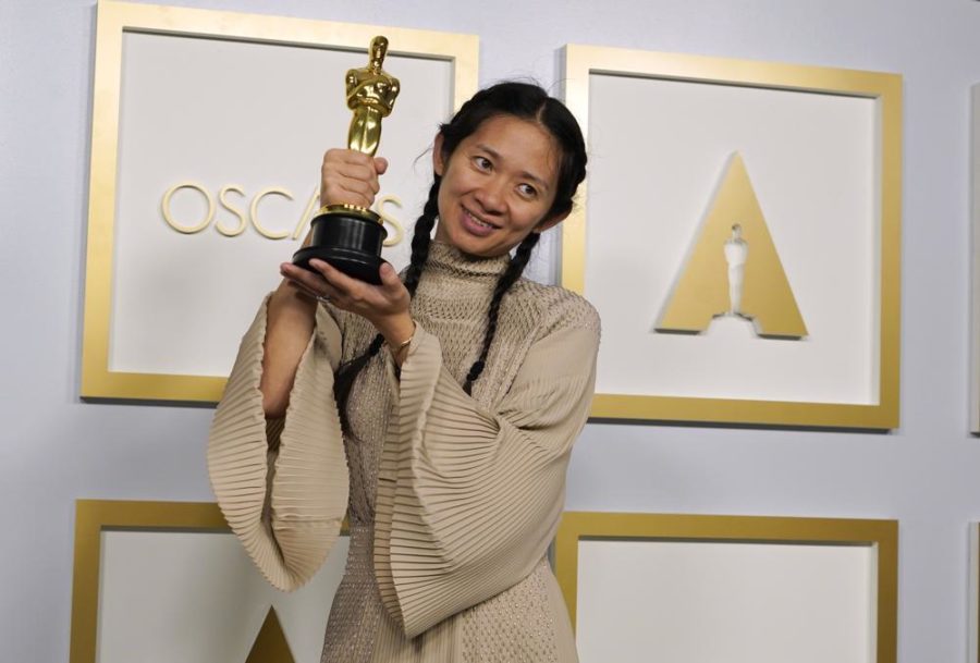 Director/Producer Chloé Zhao, winner of the award for best picture for Nomadland, poses in the press room at the Oscars on Sunday, April 25, 2021, at Union Station in Los Angeles.