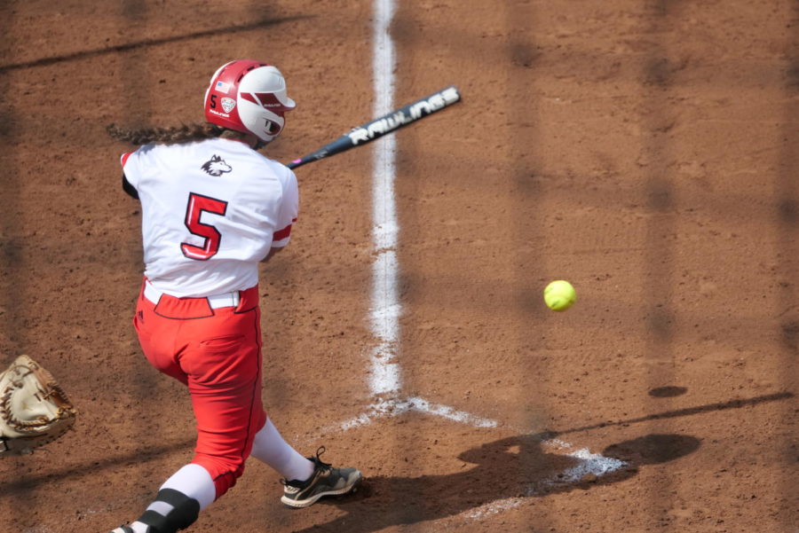 Then-junior infielder Bianca Barone hits one down the third-base line April 9, 2021 against the Western Michigan University Broncos.