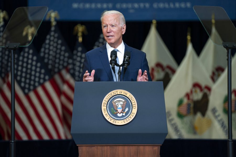 President Joe Biden delivers remarks on infrastructure spending at McHenry County College, Wednesday. 