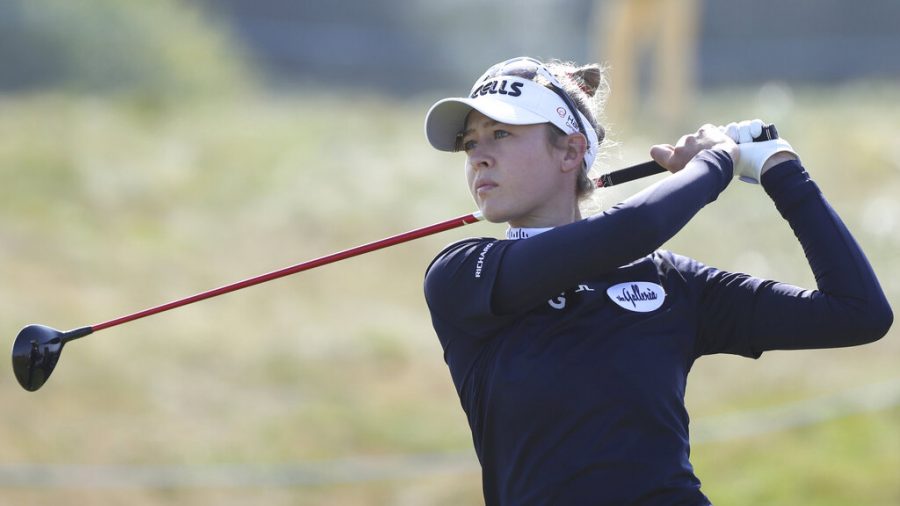 United States Nelly Korda plays a driver off the 5th tee during the final round of the Womens British Open golf championship, in Carnoustie, Scotland, Sunday, Aug. 22, 2021. (AP Photo/Scott Heppell)