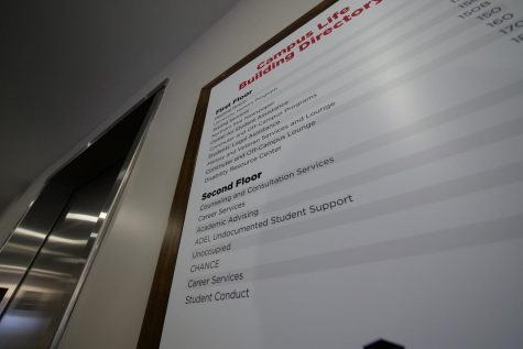 A sign of listings of student services in the campus Life Building.