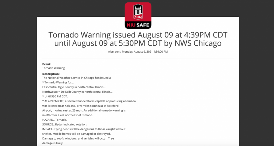 A screenshot of the NIU Safe notification warning residents of a tornado warning. 