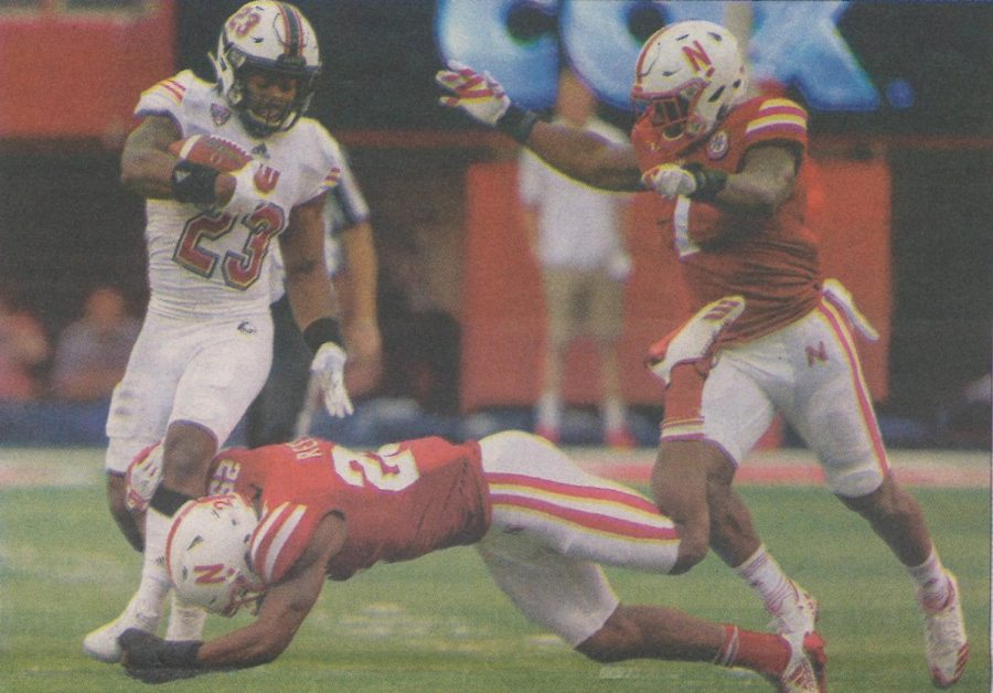A photo of NIU running back Jordan Huff that ran in the Sept. 18, 2017 edition of the Northern Star after the Huskies beat the Nebraska Cornhuskers 21-17.