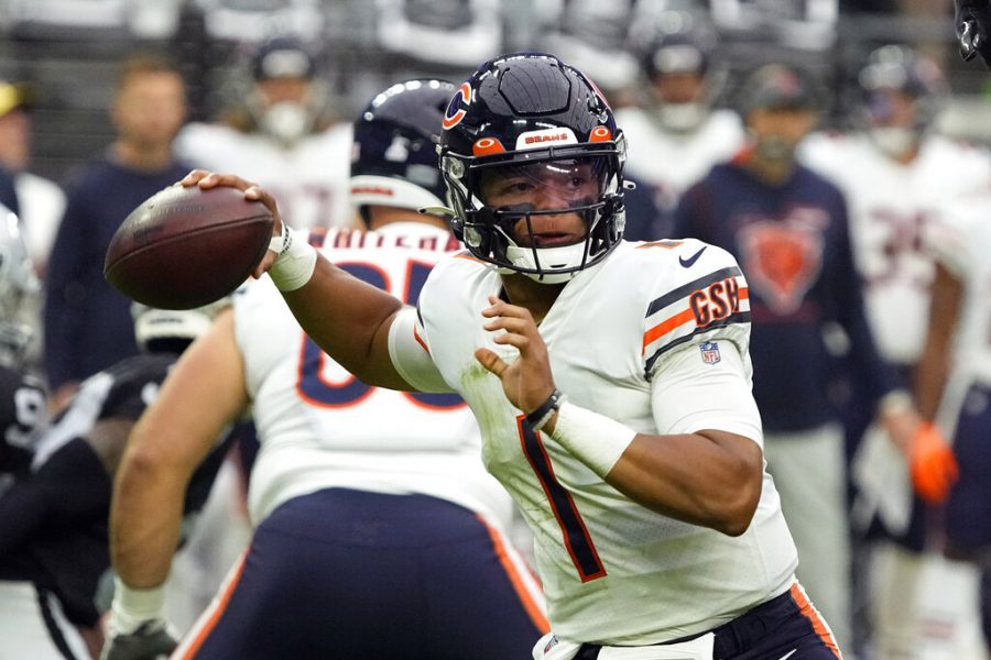 Chicago Bears quarterback Justin Fields (1) during the first half of an NFL football game against the Las Vegas Raiders, Sunday, Oct. 10, 2021, in Las Vegas. 