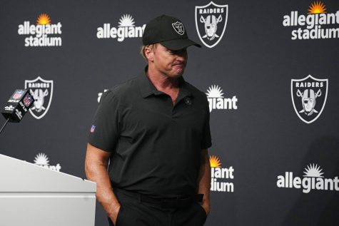 Las Vegas Raiders head coach Jon Gruden leaves after speaking during a news conference after an NFL football game against the Chicago Bears in Las Vegas, in this Sunday, Oct. 10, 2021, file photo. The Northern Star Editorial Board believes his former employer, ESPN, repeatedly failed to recognize the severity of his hate speech and were too quick to move on from discussing it.