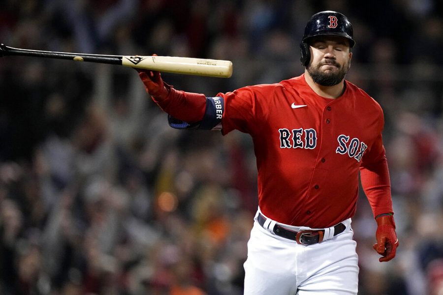 Boston Red Soxs Kyle Schwarber tosses his bat after a grand slam home run against the Houston Astros during the second inning in Game 3 of baseballs American League Championship Series Monday, Oct. 18, 2021, in Boston. 