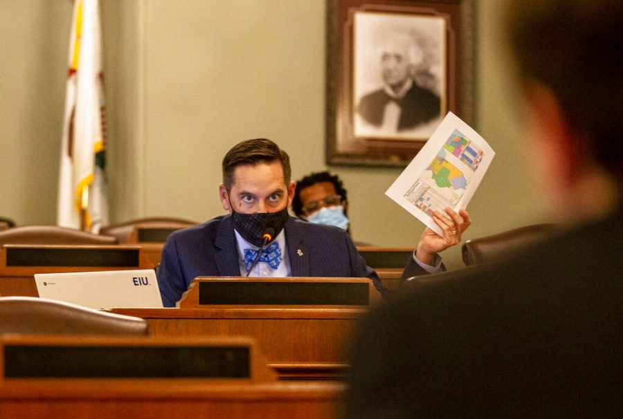 Illinois State Rep. Tim Butler, R-Springfield, questions Andrew Ellison about his proposed maps during a House Redistricting Committee hearing at the Illinois State Capitol in Springfield, Ill., Wednesday, Oct. 20, 2021.