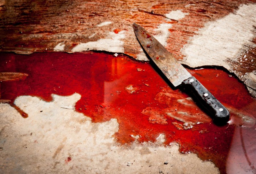 Sharp knife with blood on floor.