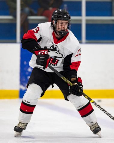 Junior forward Rodahn Evans plays the puck in an NIU Division I hockey game.