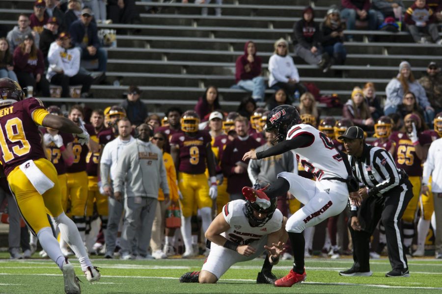 Freshman kicker Kanon Woodill kicks a field goal against CMU on Oct. 23. Woodill, starting in his first career game on short notice, went three-for-three and made the game winning field goal with NIUs 39-38 win.