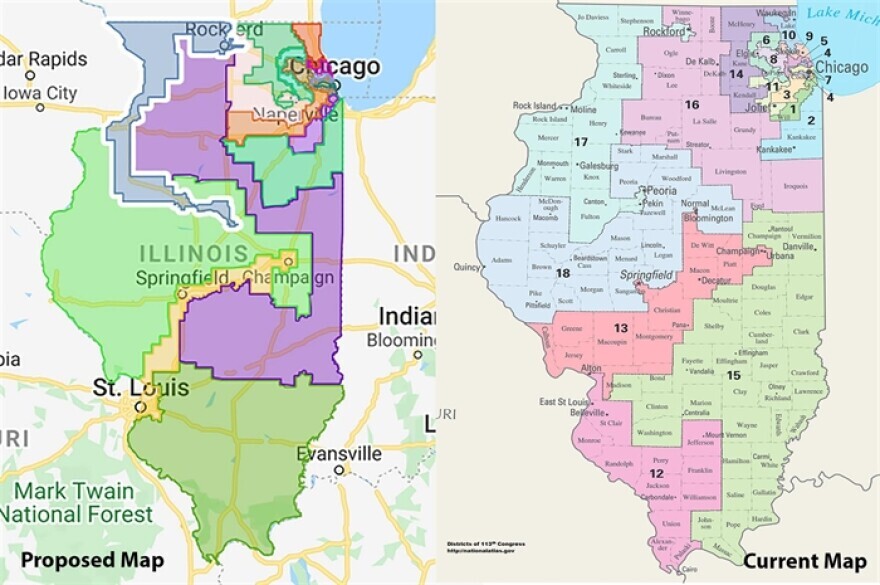 The 2020 proposed congressional district map (left) has redrawn Illinois 18 House districts into an updated 17. Members of the Assembly and State Senate are set to hold hearings on the proposal this week.