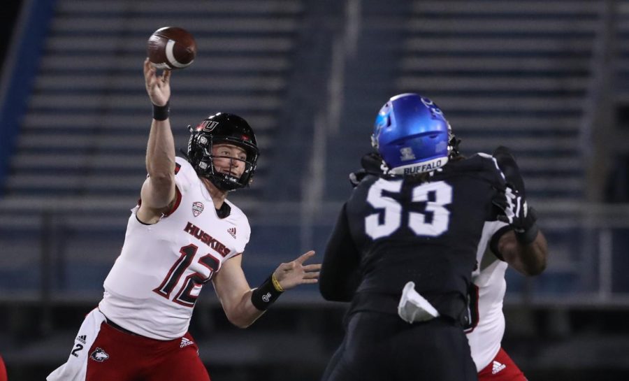 Junior quarterback Rocky Lombardi throws a pass in the first half of NIU's 33-27 overtime victory over Buffalo on Nov. 17.