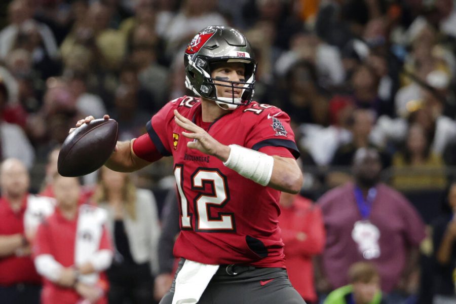 Tampa Bay Buccaneers quarterback Tom Brady (12) passes in the first half of an NFL football game against the New Orleans Saints in New Orleans, Sunday, Oct. 31, 2021.