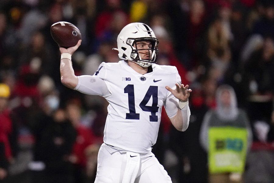 Penn State quarterback Sean Clifford throws a pass Maryland during the second half of an NCAA college football game, Saturday, Nov. 6, 2021, in College Park, Md. Penn State won 31-14. 