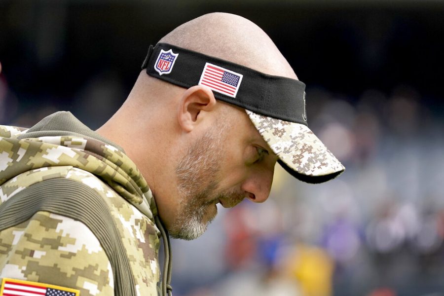 Chicago Bears head coach Matt Nagy walks onto the field before an NFL football game against the Baltimore Ravens Sunday, Nov. 21, 2021, in Chicago.