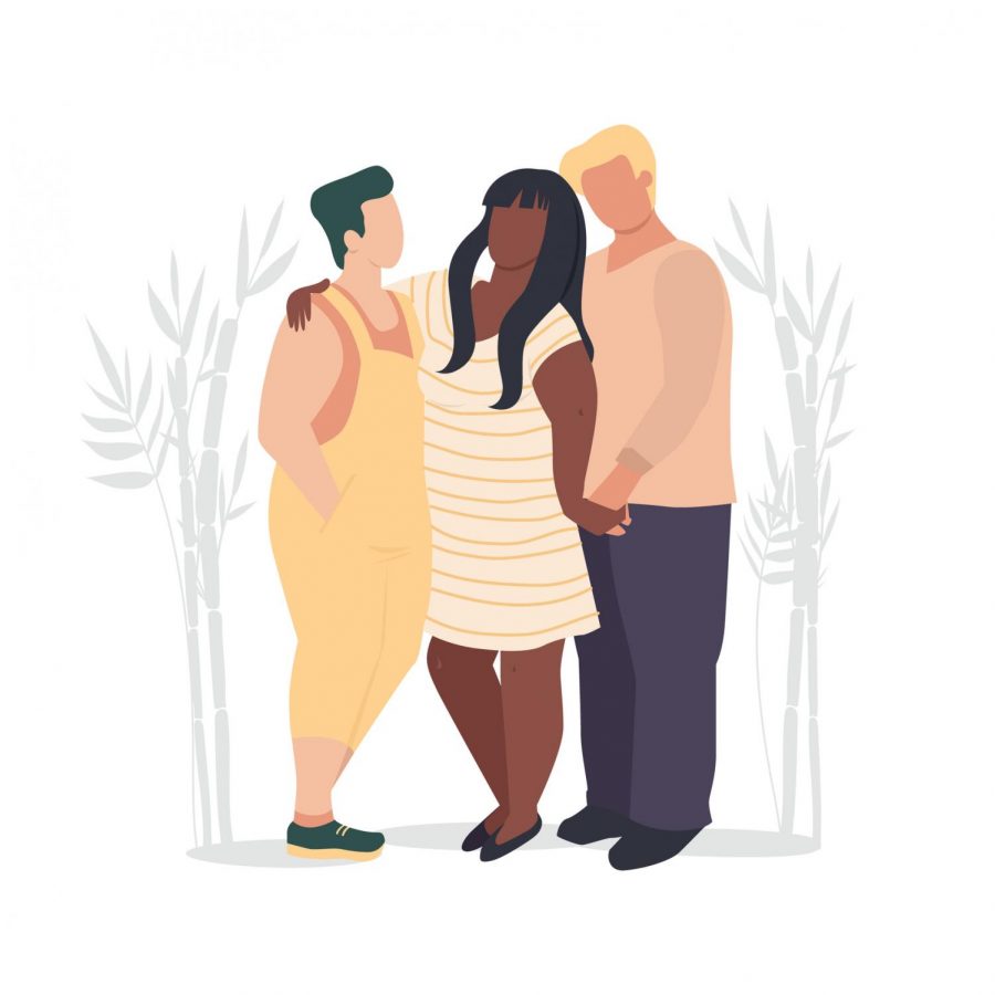 Three+people+in+love+vector+illustration.