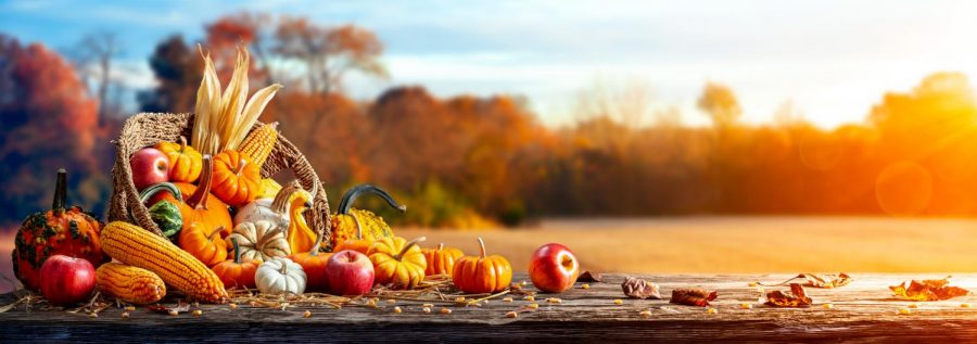 Basket+of+pumpkins%2C+apples+and+corn+on+a+harvest+table.