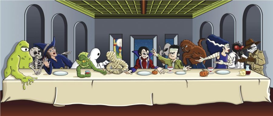 A twist on The Last Supper scene with different classic monster characters.
