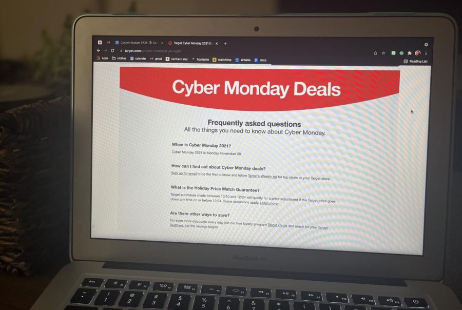 A laptop displays a Cyber Monday webpage. Cyber Monday is the Monday after Thanksgiving. (Brionna Belcher | Northern Star)