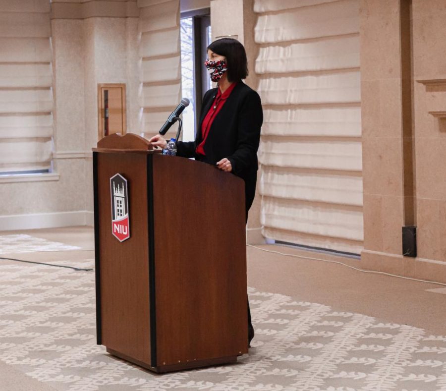 NIU President Lisa Freeman spoke on the universities strategies to adress “equity gaps,” educational strategies and obstacles caused by COVID-19 during her State of the University speech Tuesday. (Abigail Norton | Northern Star)