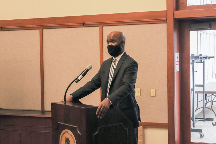 Darren Mitchell, acting NIU chief of police, spoke  as the first candidate of a series of open forums. Mitchell outlined a priority to establish a better sense of trust between students and campus police. (Abigail Norton | Northern Star)