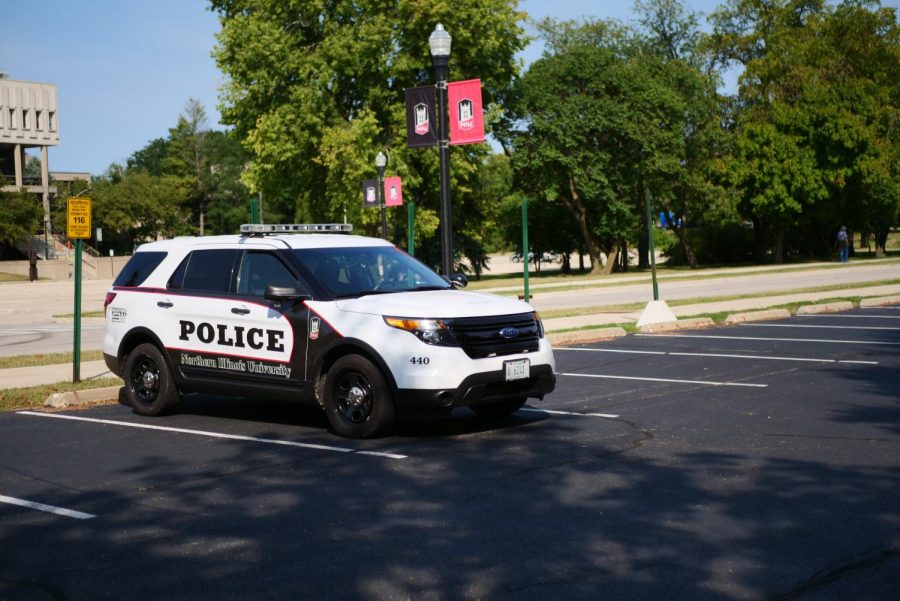 An NIU police car parked on campus. 