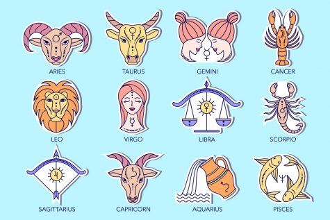 The astrological signs shown in a sticker pop art style on a light blue background.