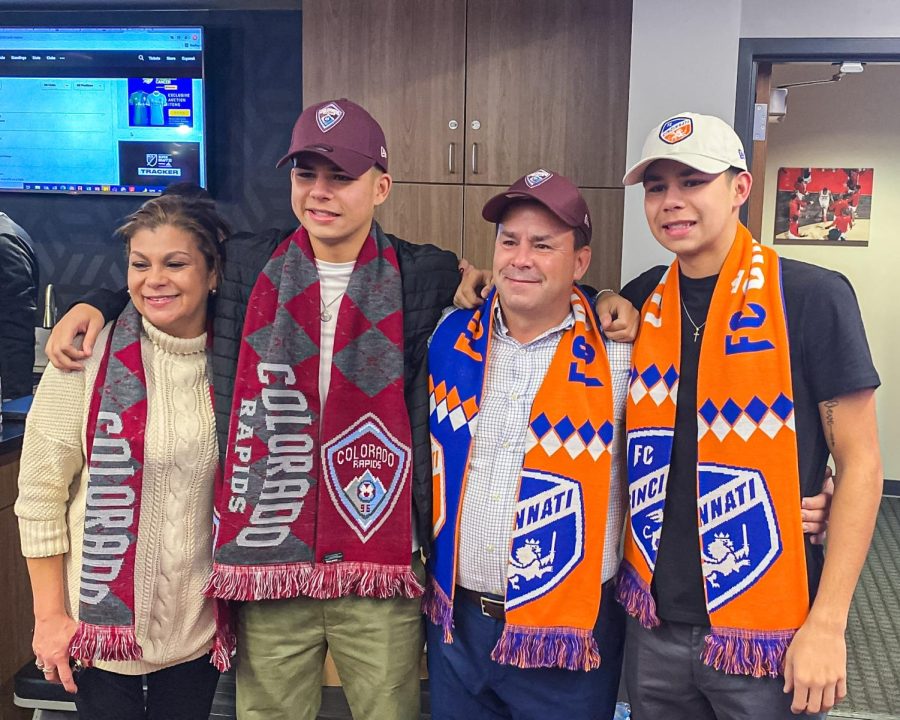 Anthony Markanich (left, Colorado Rapids scarf) and brother Nick Markanich (far right) celebrate being selected in Tuesdays 2022 MLS SuperDraft with mother, Wilma Markanich and father, Anthony Markanich Sr.( Wes Sanderson | Northern Star)