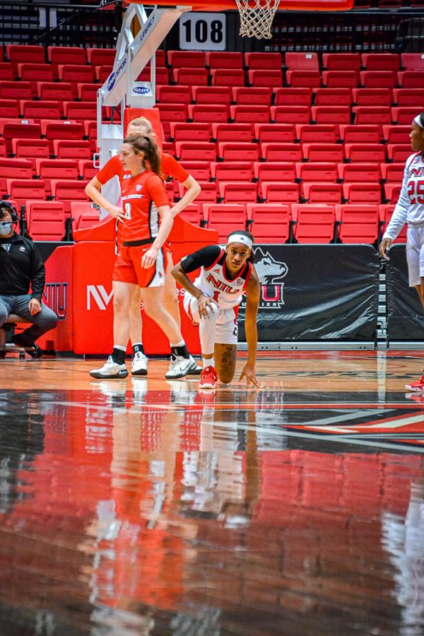 Womens basketball redshirt senior guard Errin Hodges lifts herself off the court during a conference matchup against Ball State University on Jan. 5.
