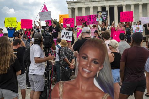 A crowd of Britney Spears supporters hold up signs for the media in front of the Lincoln Memorial.
