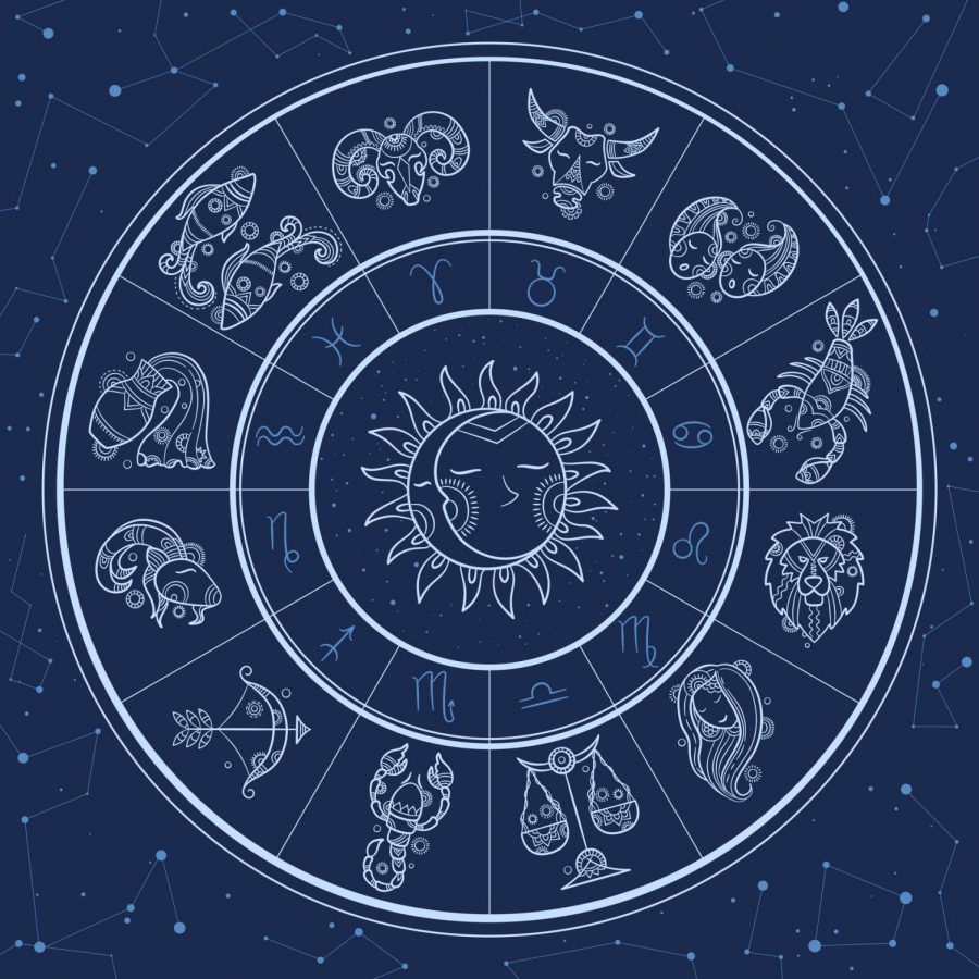 The wheel of the zodiac on a night sky background.