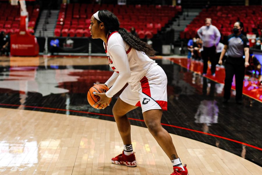 Junior forward AJah Davis holds the ball during Saturdays matchup against the Toledo Rockets. 