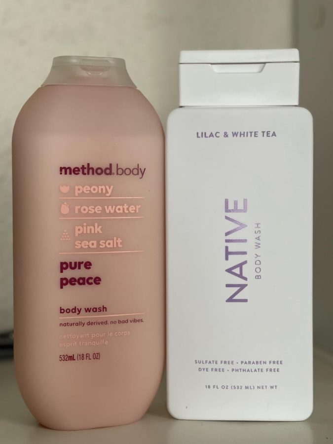 A photograph of two body washes that are good for dry skin, due to the winter weather.