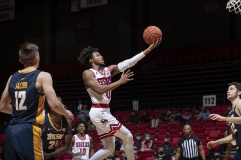 Sophomore guard Keshawn WIlliams attempts a layup during Saturdays game against the University of Toledo Rockets. Williams finished as NIUs leading scorer with 19 points in the 100-72 loss at the Convocation Center in DeKalb. (NIU Athletics)