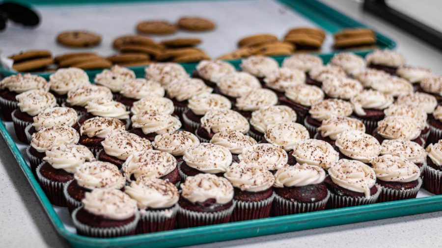 A tray of cupcakes lays at the desert section of New Hall Dining. 