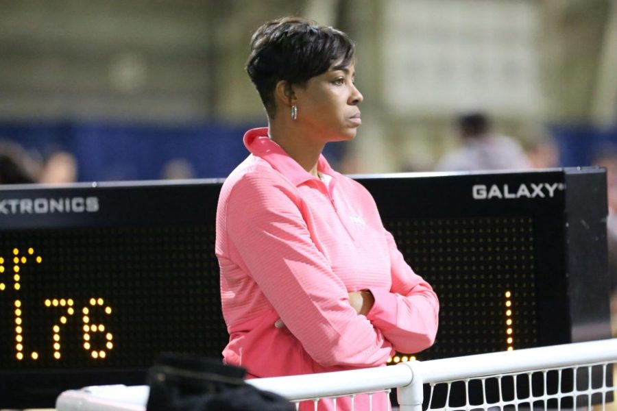 Connie Teaberry, the director of track and field and cross country at NIU, looks on during a track and field event. Teaberry is in her 18th season as head coach of the track and field program and her 11th as its director. (NIU Athletics)