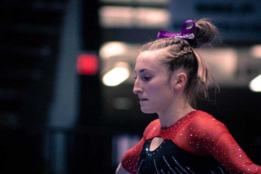 Senior Tara Kofmehl competed in three events at the NIU Tri-Meet on Friday in DeKalb. The 51 senior from Mesa, Arizona, ended the night with a Huskie-best 9.925 performance on the floor team. NIU won the event with a team score of 196.300, setting the school record for highest team score in a meet.