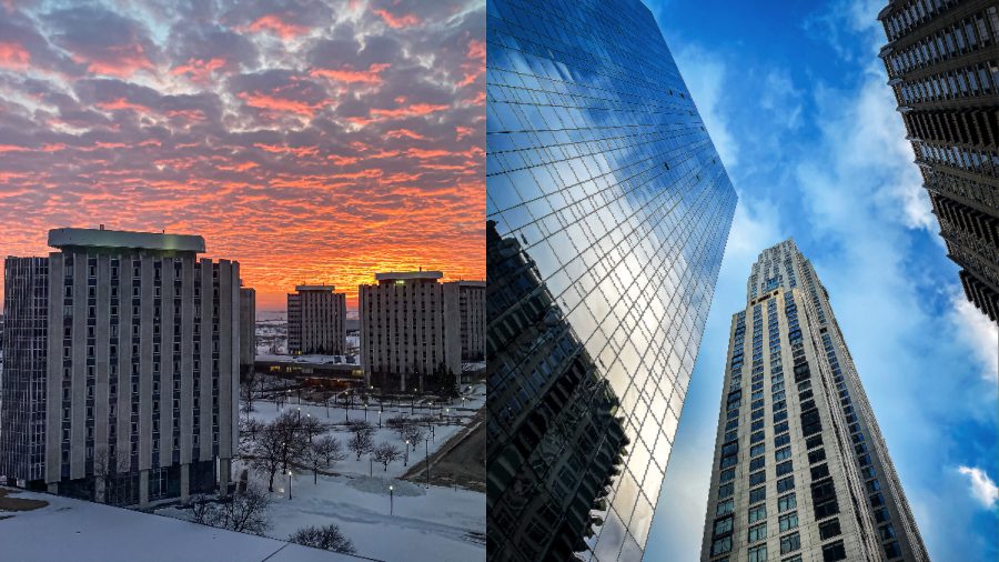 Grant Towers at NIU, a dorm complex that houses students in double and single rooms (left), and a ground view of One Bennett Park Apartments, 451 Grand Avenue in Chicago (right) (Zulfiqar Ahmed | Northern Star)