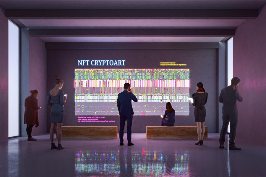 NFT CryptoArt display in art gallery with people using smart phones and digital tablets. 